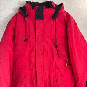 Vintage Marlboro Country Store Mens Red Hooded Insulated Ski Puffer Jackets XL